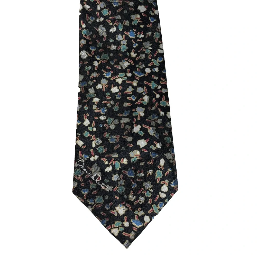Vintage Oscar de la Renta Studio Tie Black Multicolor Geometric Print USA Retro